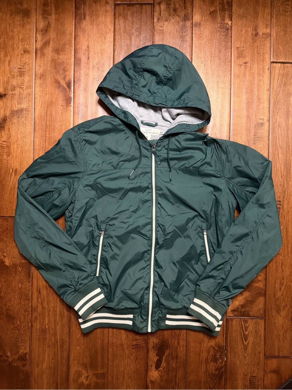 H&M Dark Green Hooded Varsity Bomber Jacket with Gray Lining